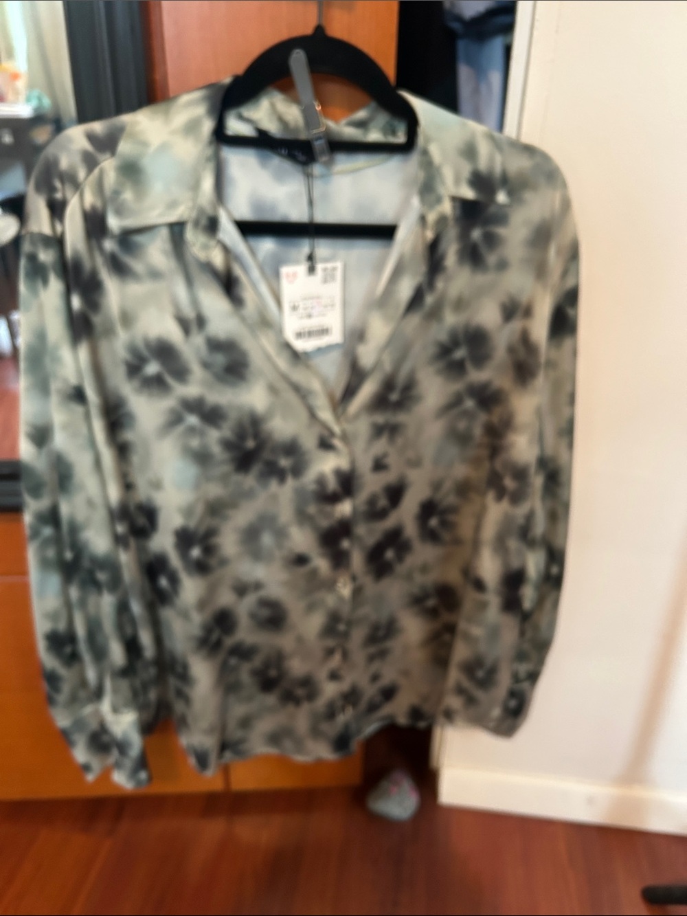 Zara Olive Green and Black Floral Satin Button-Down Shirt